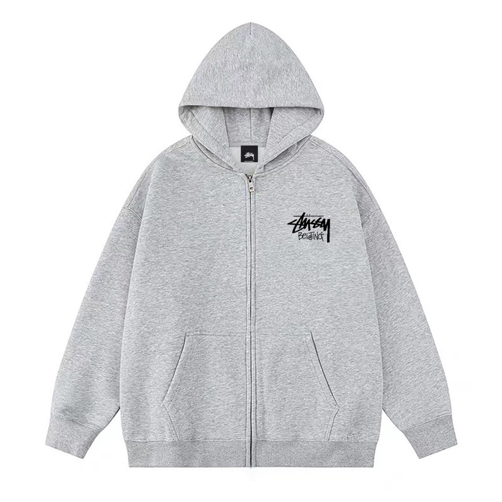 Stussy Light Gray Zip-Up Hoodie with Black Logo